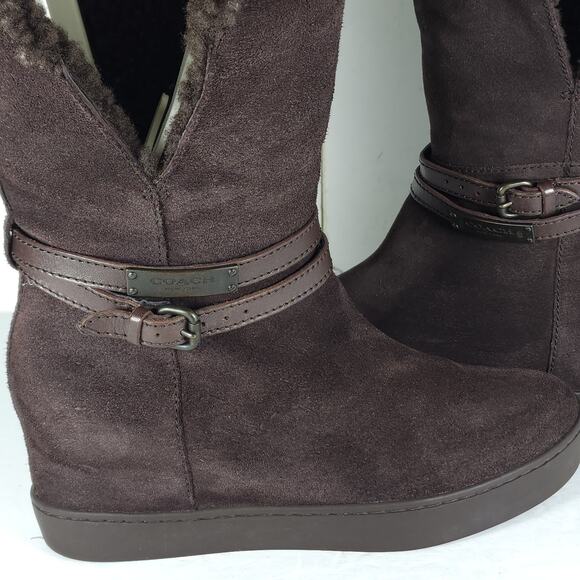 Coach Women's Norell US 7B Brown Suede Fold Down Sherpa Wedge Shearling Boots - Picture 16 of 16